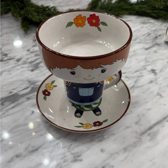 Vintage 1970s Fred Roberts Ceramic Farmer Boy Bowl, Mug, and Saucer Set - Picture 8 of 8
